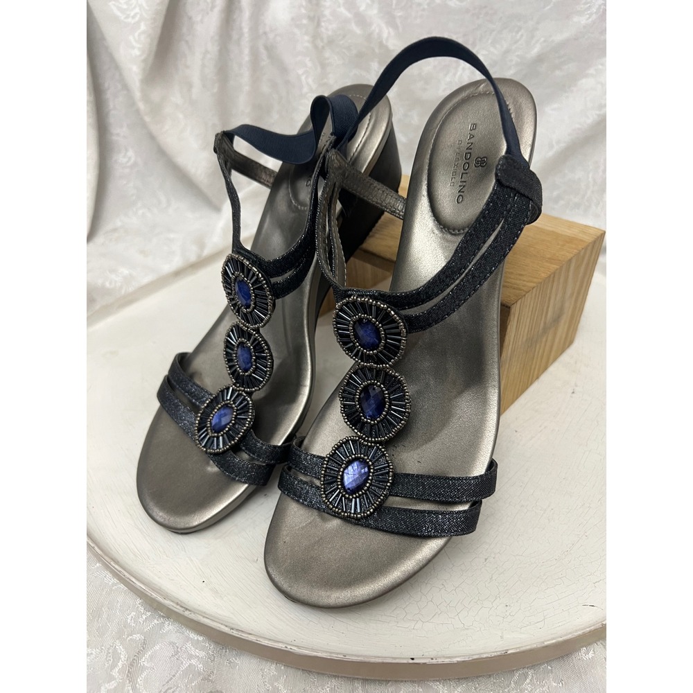 Bandolino Blu Bhibanna Navy Blue Beaded Wedge Sandals Womens 10M Metallic Pewter